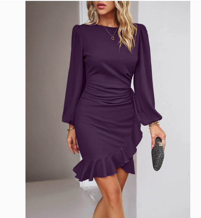 Women's Puff Long Sleeve Dresses Fashion Graceful Solid Color Slim