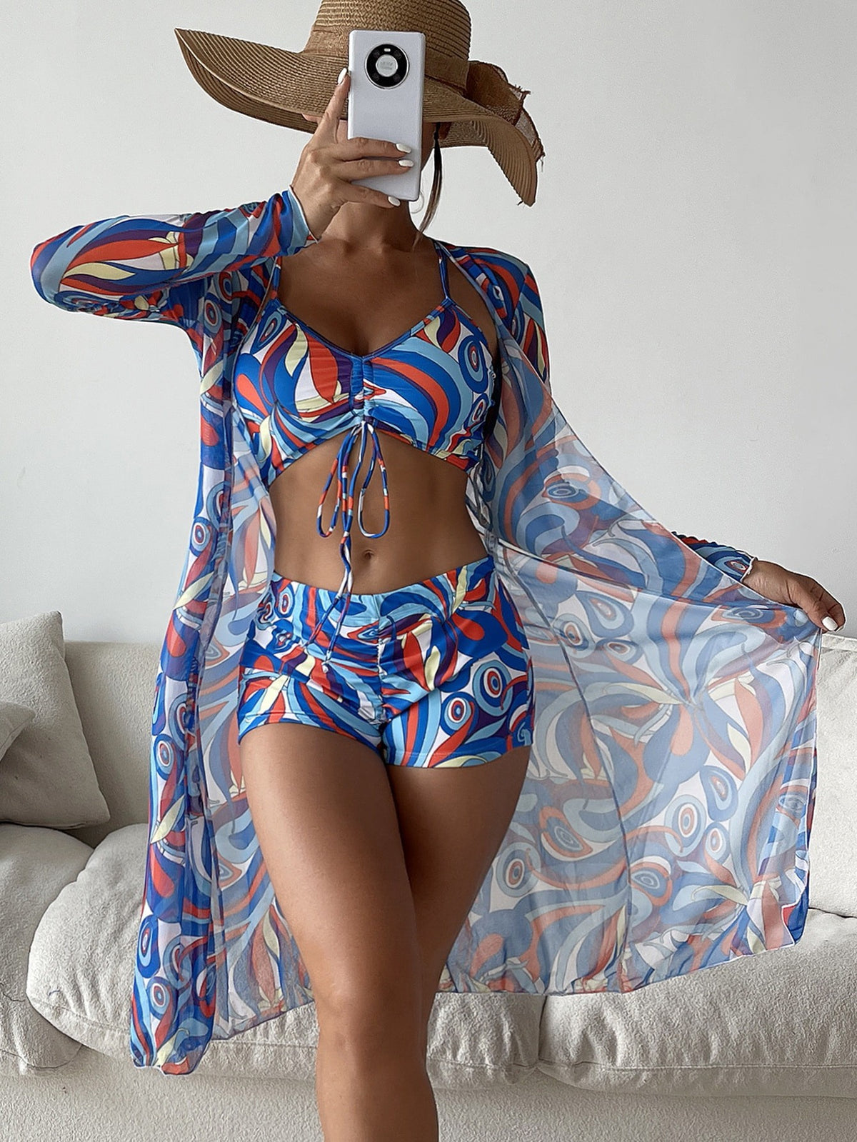3pcs Pring Bikini with Long Sleeve Cardigan Fashion Summer Beach