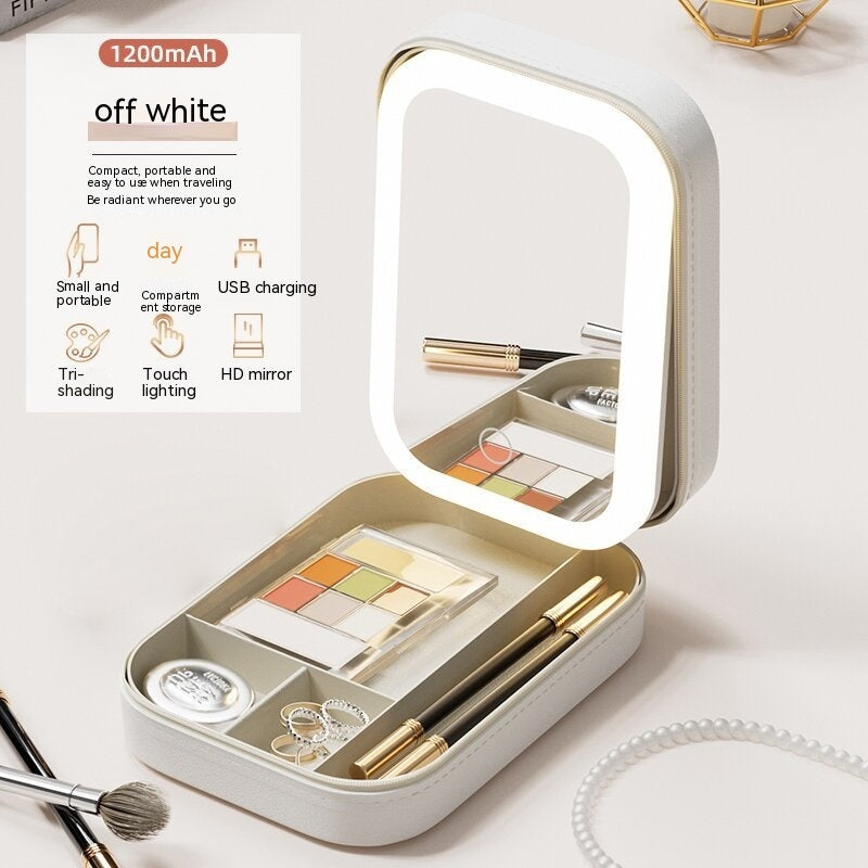 LED Mirror Makeup Storage Box - Portable Travel Cosmetic Organizer with Touch Light