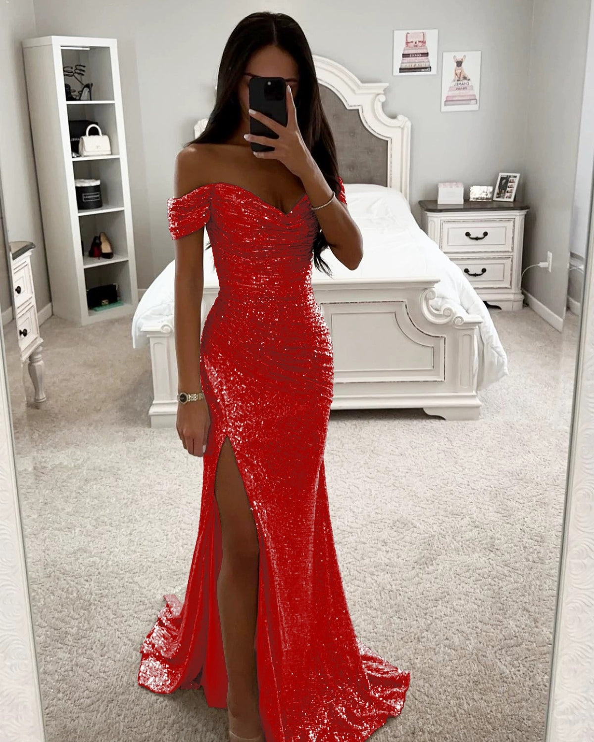Party Sequins Off-Neck Split Dress Casual Fashion Women Charming
