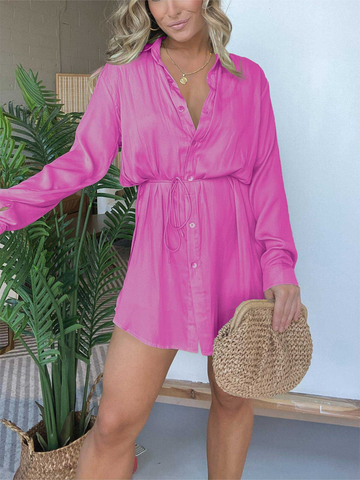 Women's Long Sleeve Jumpsuit with Button Fashion Shirt Dress