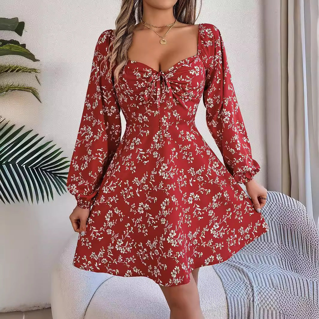 Fashion Floral Print Lantern Sleeve Dress Casual Sexy Tie Square Neck