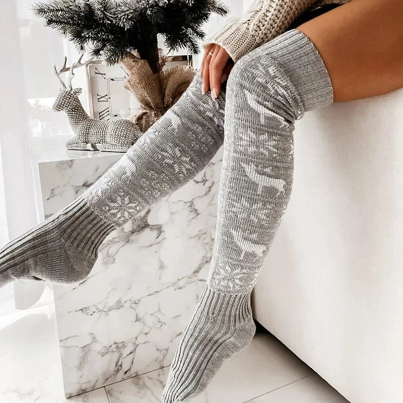 Winter Christmas Warm Knitted Women Stocking Beautiful Elk Snowflake