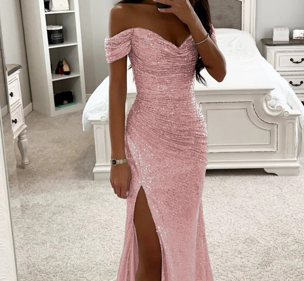 Party Sequins Off-Neck Split Dress Casual Fashion Women Charming