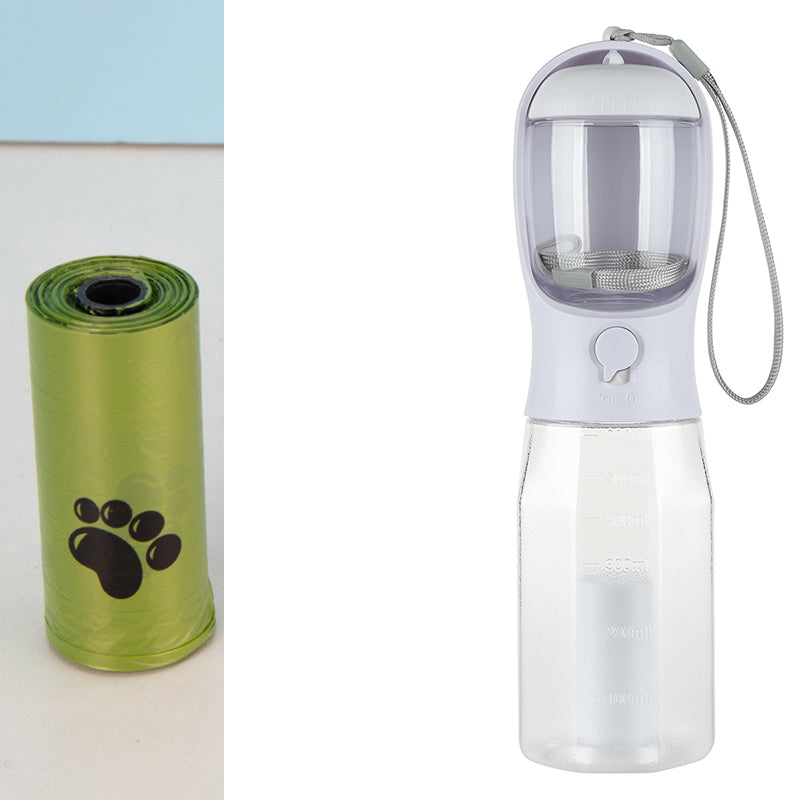 3-in-1 Dog Water Bottle 600 ml - Leakproof Travel Drinker, Food & Poop Bag Holder