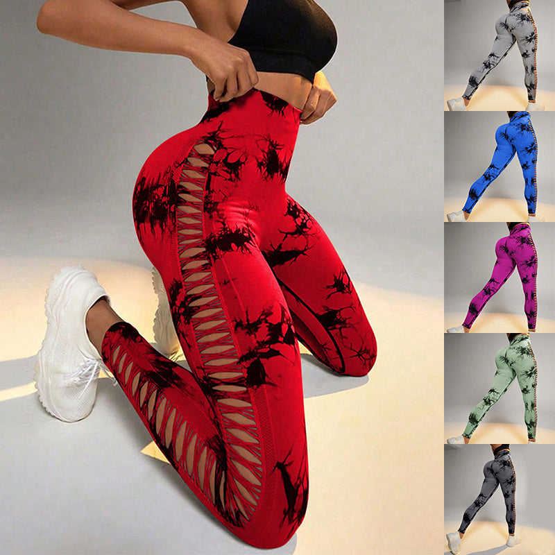 Hollow Tie Dye Printed Yoga Pants High Waist Butt Lift Seamless
