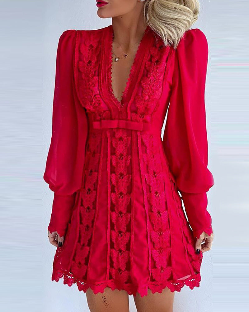 White Elegant Dresses Sexy V-Neck Lace Dress Long Puff Sleeve