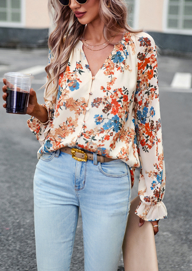 Women's Tops Casual Floral Print V-Neck Long Sleeve Shirts Loose