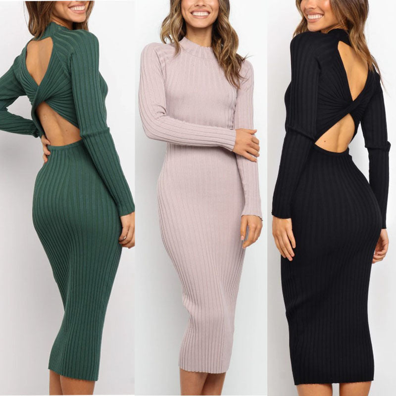 Women's Suits Sweater Dresses Solid Color Backless Bow Tight