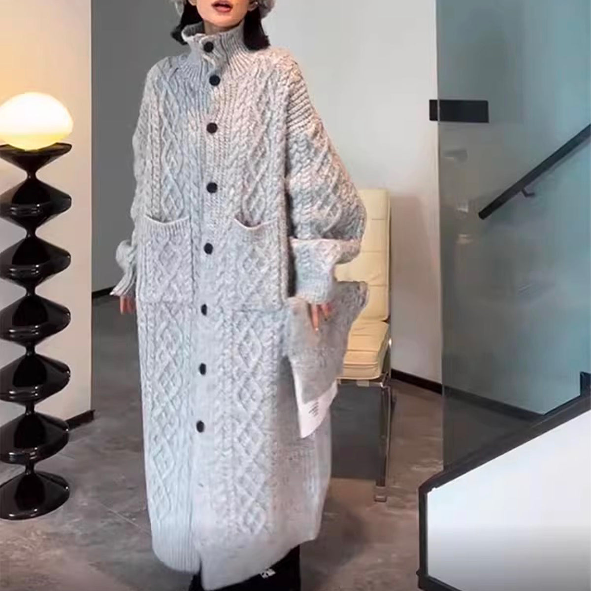 High Collar Thickened Twist Sweater Coat Gray Cozy Over-Knee Knitted