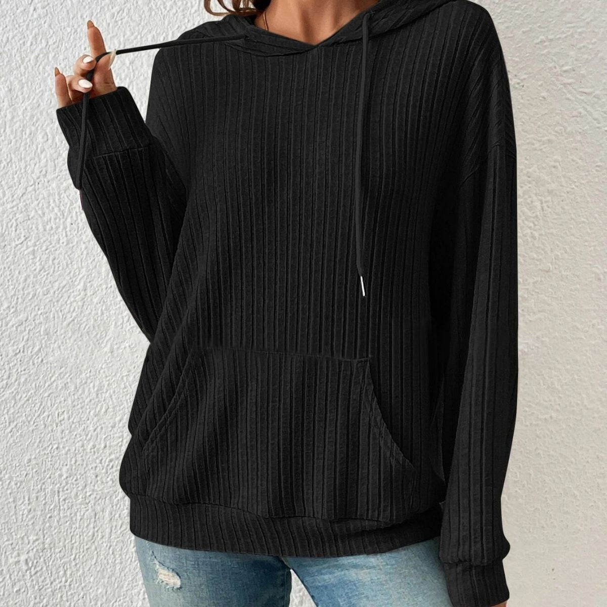 Fashion Drawstring Long-Sleeved Hooded Sweatshirt with Pockets Solid
