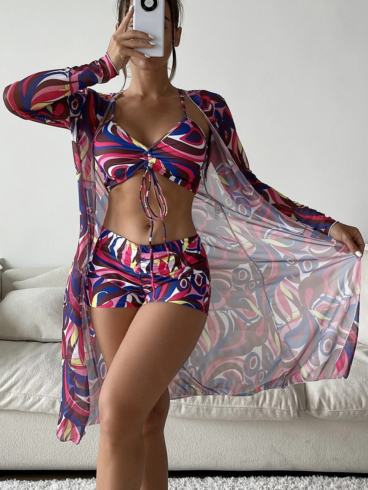 3pcs Pring Bikini with Long Sleeve Cardigan Fashion Summer Beach