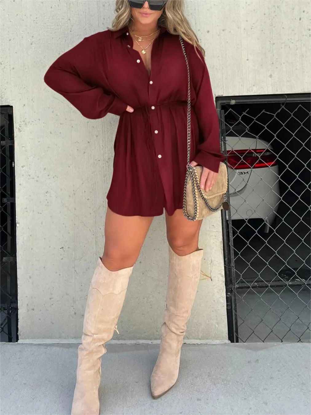 Women's Long Sleeve Jumpsuit with Button Fashion Shirt Dress
