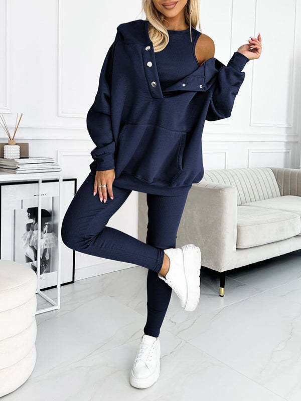 3pcs Women's Sports Suit Loose Hooded Pockets Sweatshirt and Vest