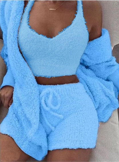 3pcs Women's Clothing Long Sleeve Crop Tank Top and Drawstring Shorts