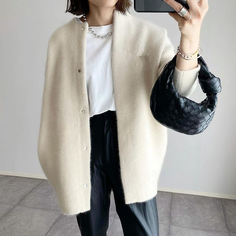 Loose Round Neck Single Breasted Cardigan Fashion Solid Color Coat