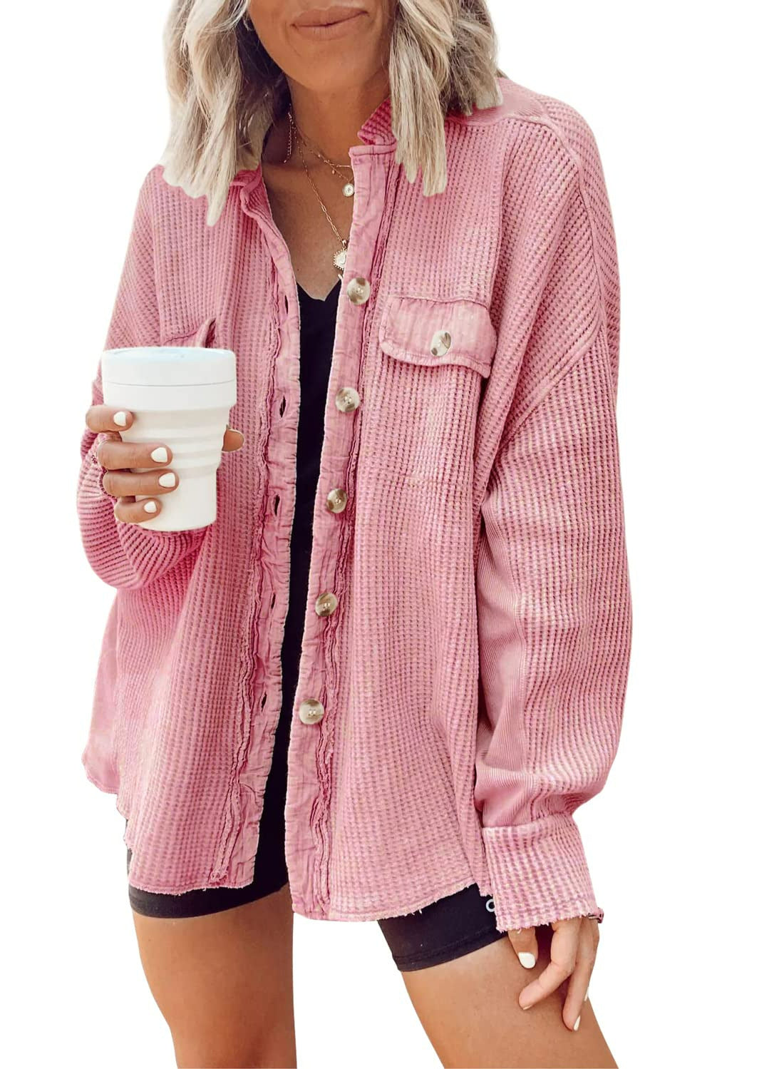 Button Shirt Jacket Women Lapel Long Sleeve Blouse Fashion Tops