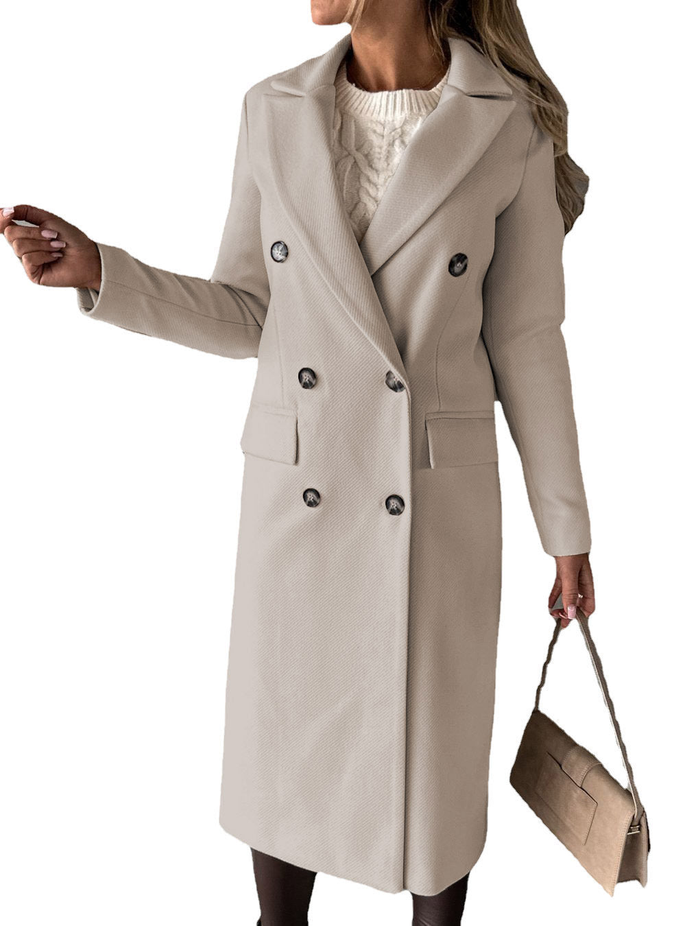 Double Breasted Lapel Coat Winter Fashion Solid Slim Long Jacket