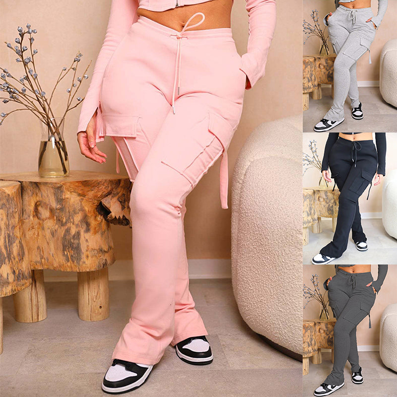 Cargo Pants with Pockets High Waist Drawstring Wide Leg Straight