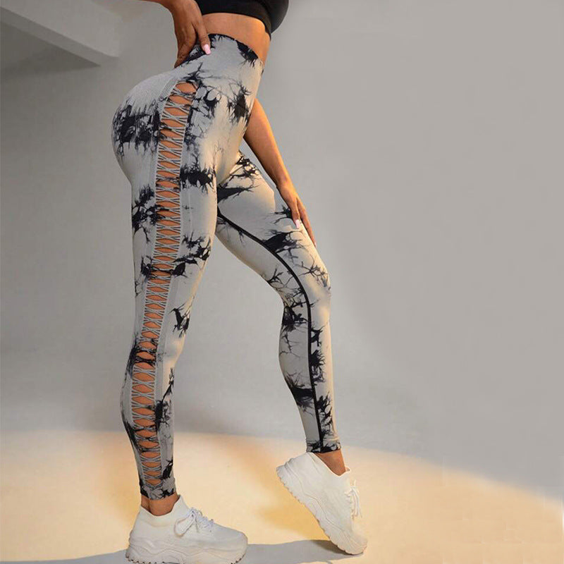 Hollow Tie Dye Printed Yoga Pants High Waist Butt Lift Seamless