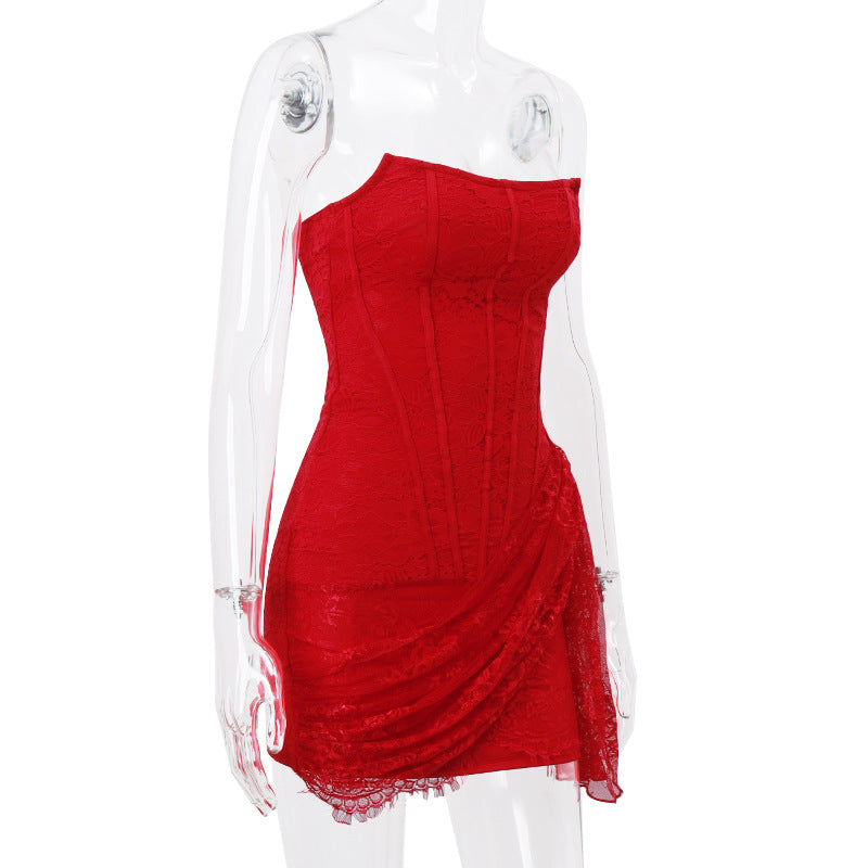 Strapless Lace Dress Party Women Fashion and Sexy Slim Skirt