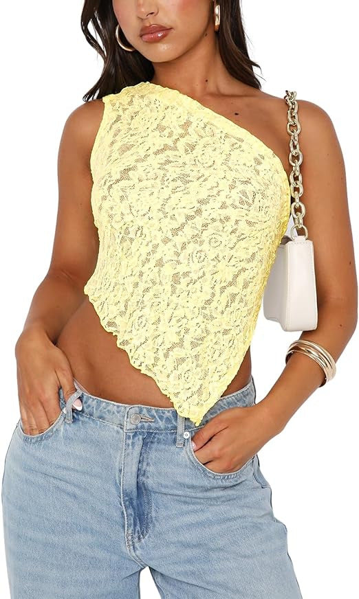 Lace Backless Top Summer Solid Color Waistless Asymmetrical Sloped