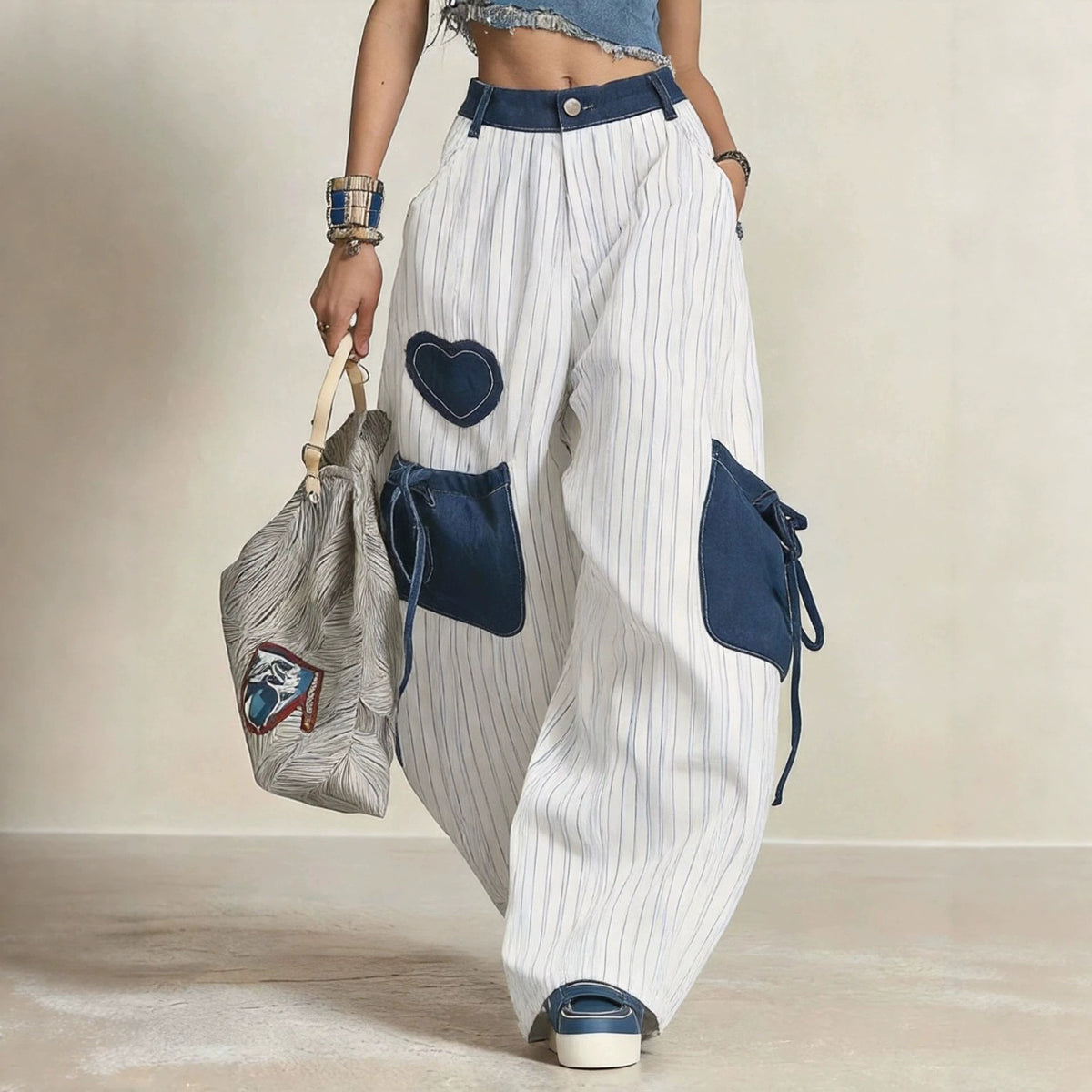 Women's White Wide-Leg Pants with Appliqué Details