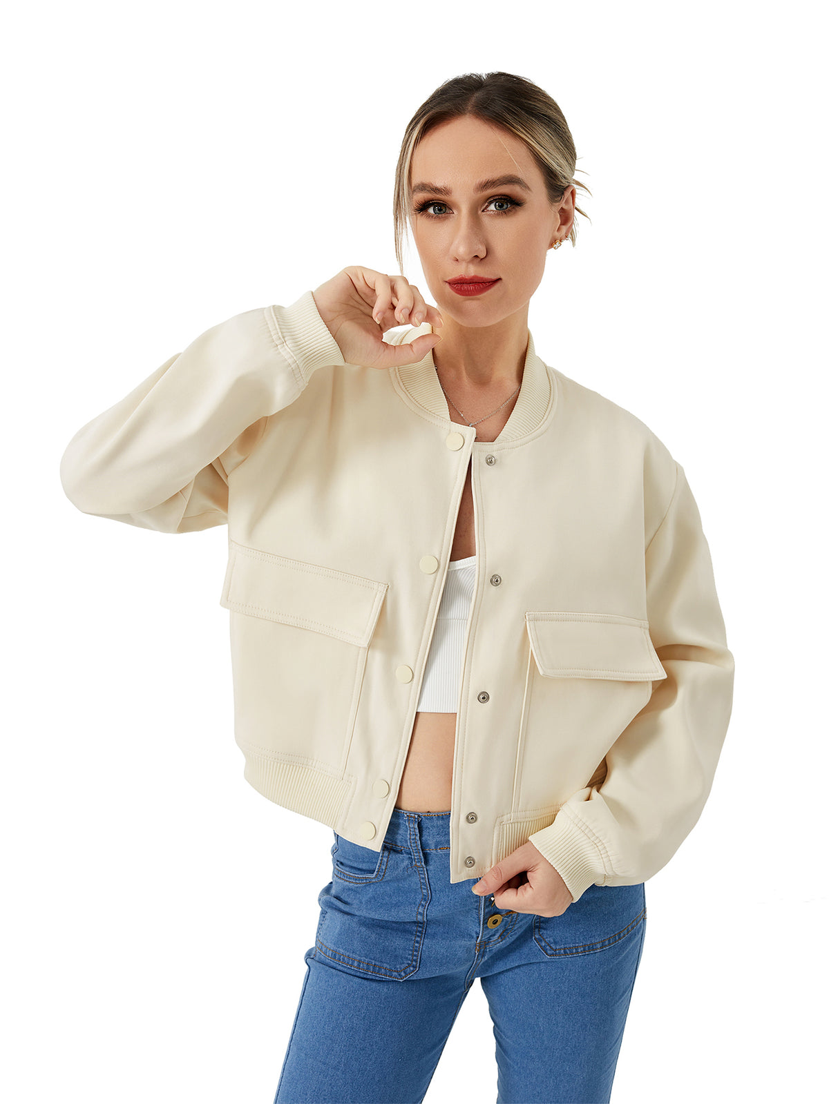 Women's Lightweight Cropped Bomber Jacket Casual Long Sleeve Varsity
