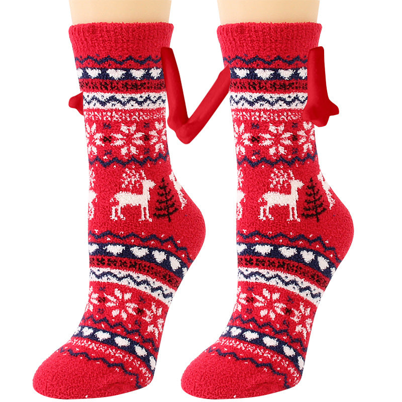 Christmas Supplies Magnetic Suction Hand in Couple Socks Coral Fleece