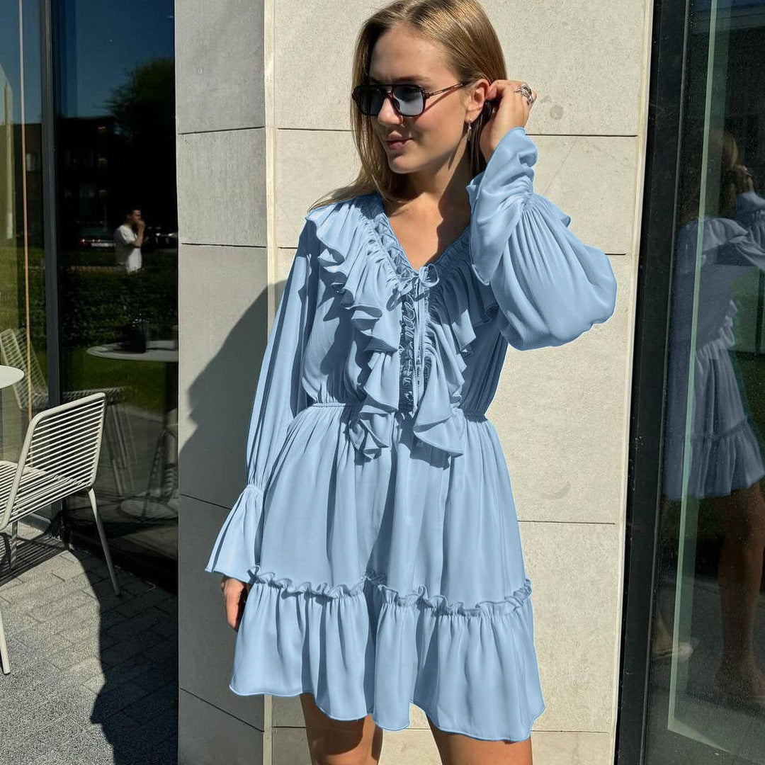 Fashion V-Neck Pleated Ruffle Long Sleeve Dress Y2K Flared Short