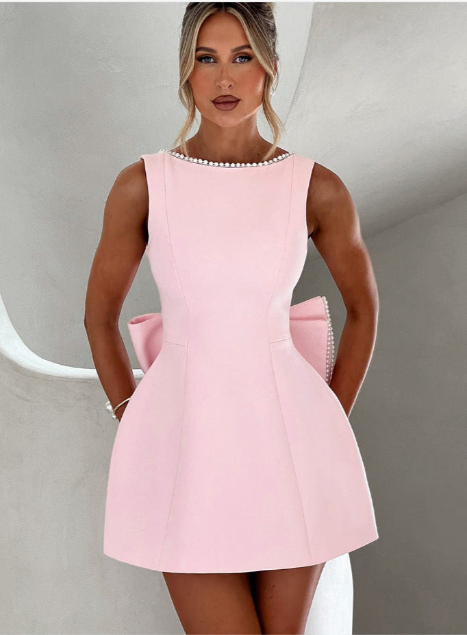 Fashion Big-Bowed Pearls Backless Dress Summer Slim Sleeveless A-Line