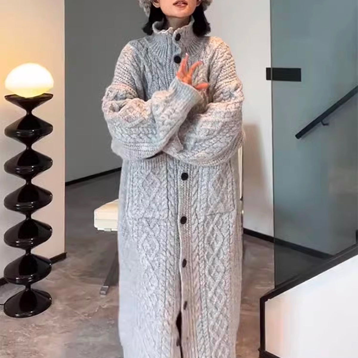 High Collar Thickened Twist Sweater Coat Gray Cozy Over-Knee Knitted