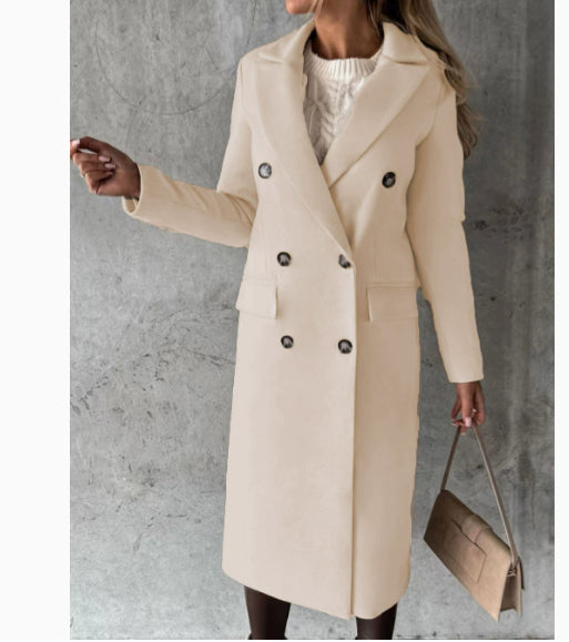 Double Breasted Lapel Coat Winter Fashion Solid Slim Long Jacket
