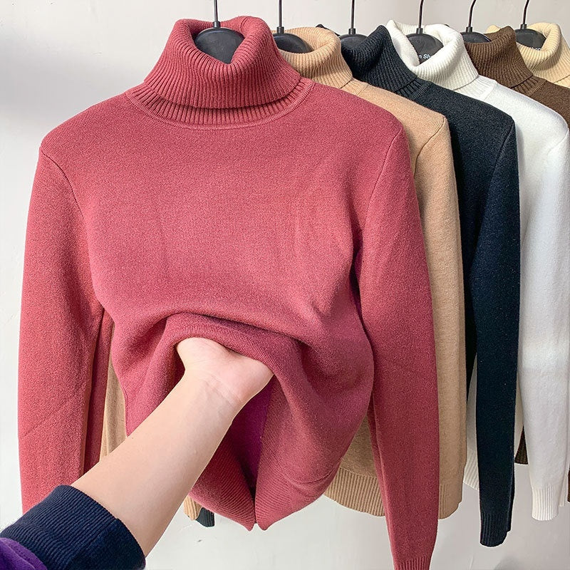 Fleece Turtle Neck Sweater Winter Warm Elegant Thick Knitted Pullover