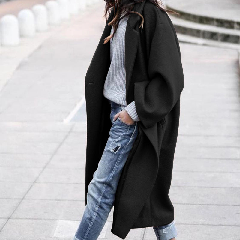 Casual Long Jacket with Pockets Solid Color Single Breasted Lapel