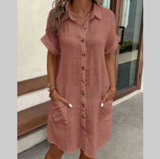 Summer Short Sleeve Shirt Dress Fashion Solid Color Single-Breasted