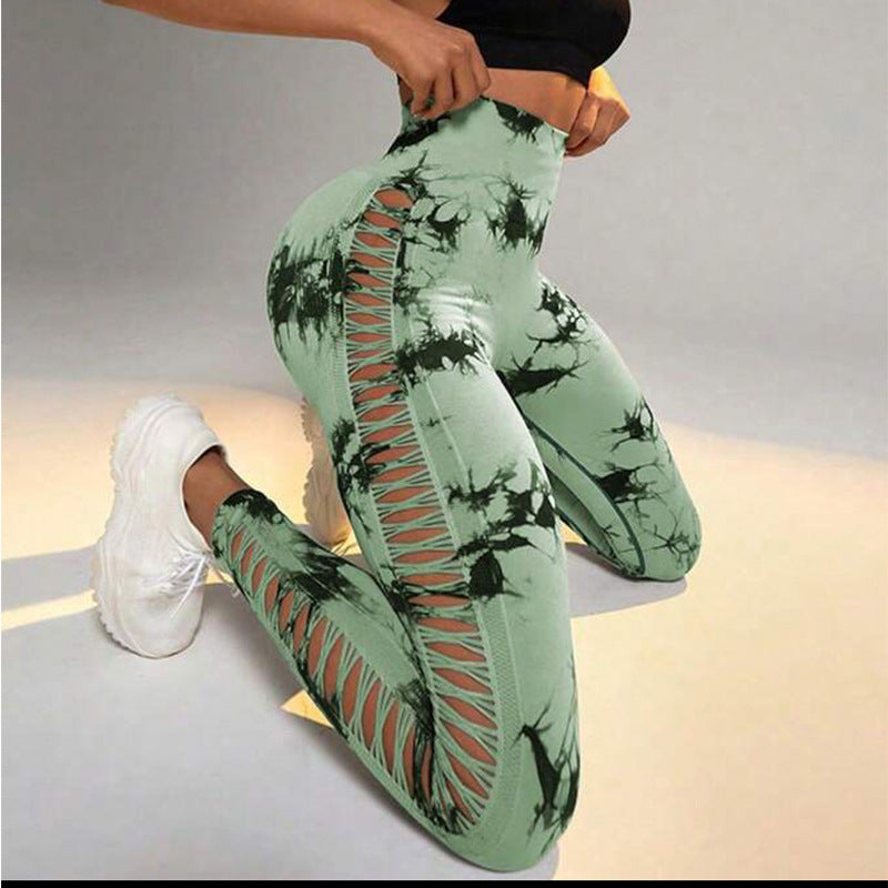 Hollow Tie Dye Printed Yoga Pants High Waist Butt Lift Seamless