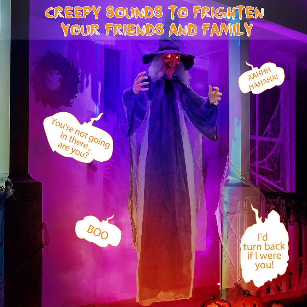 6ft Animated Hanging Witch - Talking Halloween Prop with Red Eyes