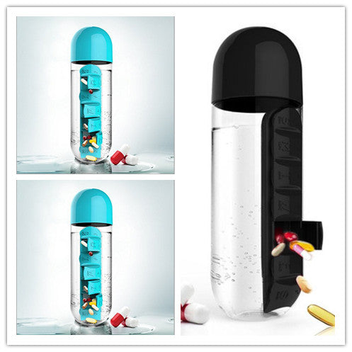 2-in-1 Water Bottle with Pill Box - Travel Cup with Storage