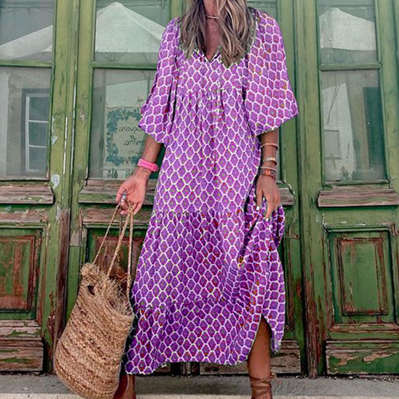 Summer Women's Vintage Printed Bohemian Dress Elegant Ladies Casual