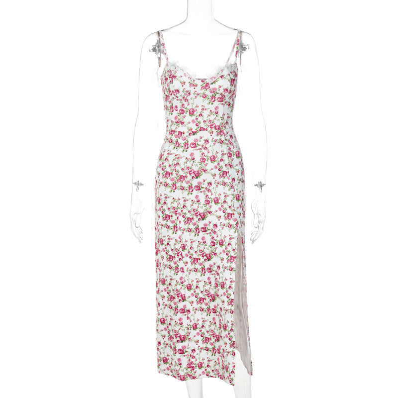 Lace Flowers Print Long Dress Sexy Fashion Slit Suspender Summer