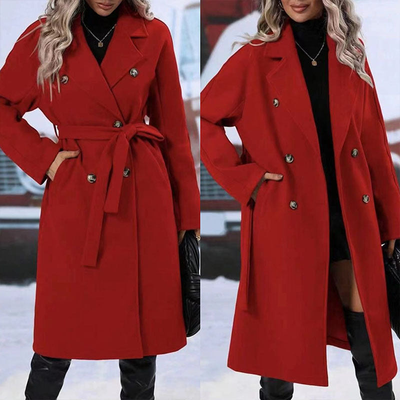 Lapel Double-Breasted Trench Coat with Belt Winter Fashion Solid