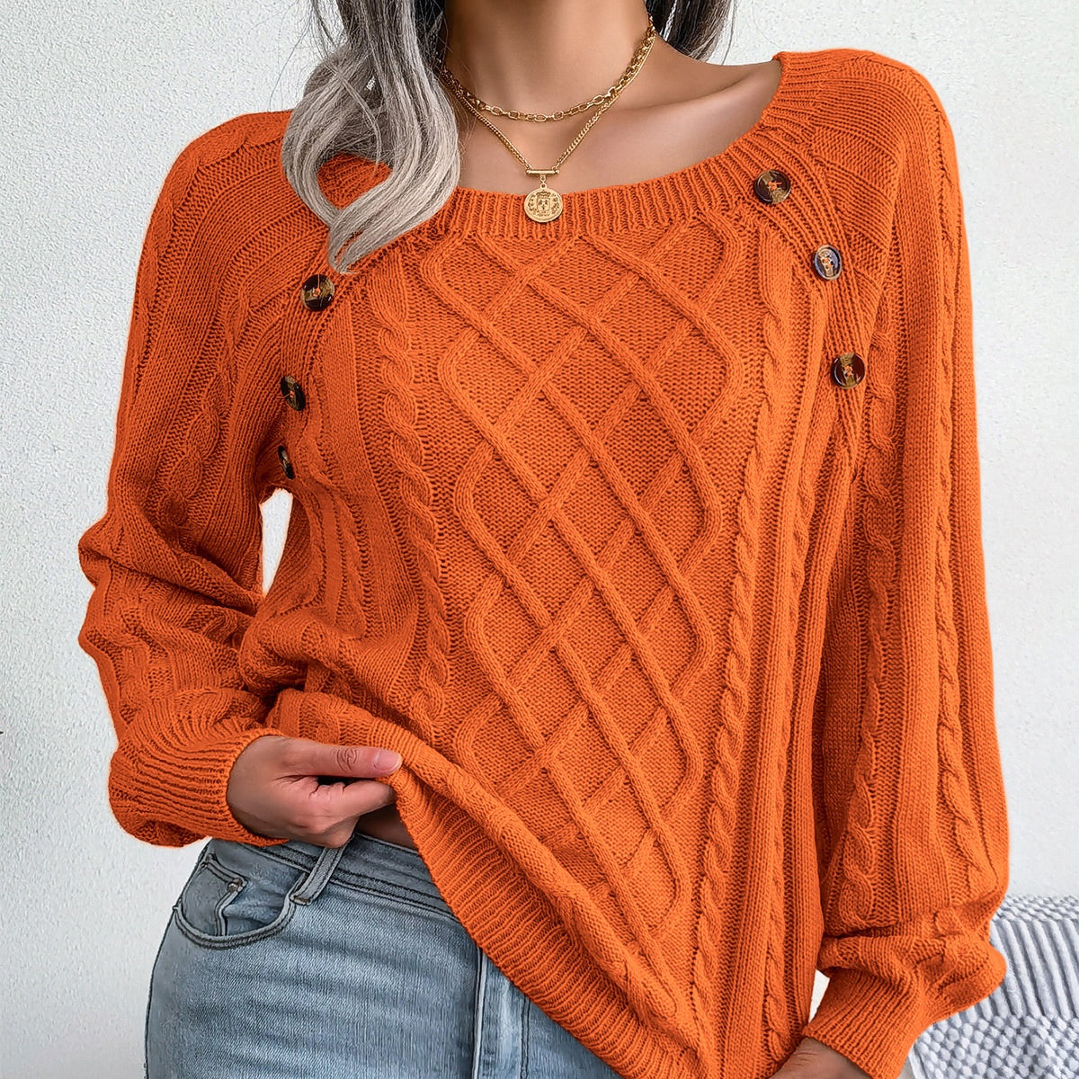 Square Neck Knitted Sweater with Button Design Winter Warm Long