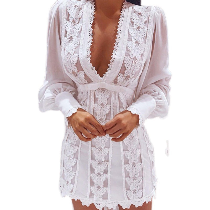 White Elegant Dresses Sexy V-Neck Lace Dress Long Puff Sleeve