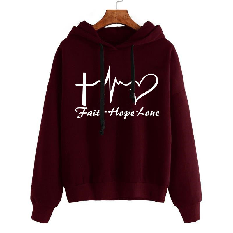 Heart Print Hoodie Sweatshirt Pullover Tops Women Long Sleeve Sports
