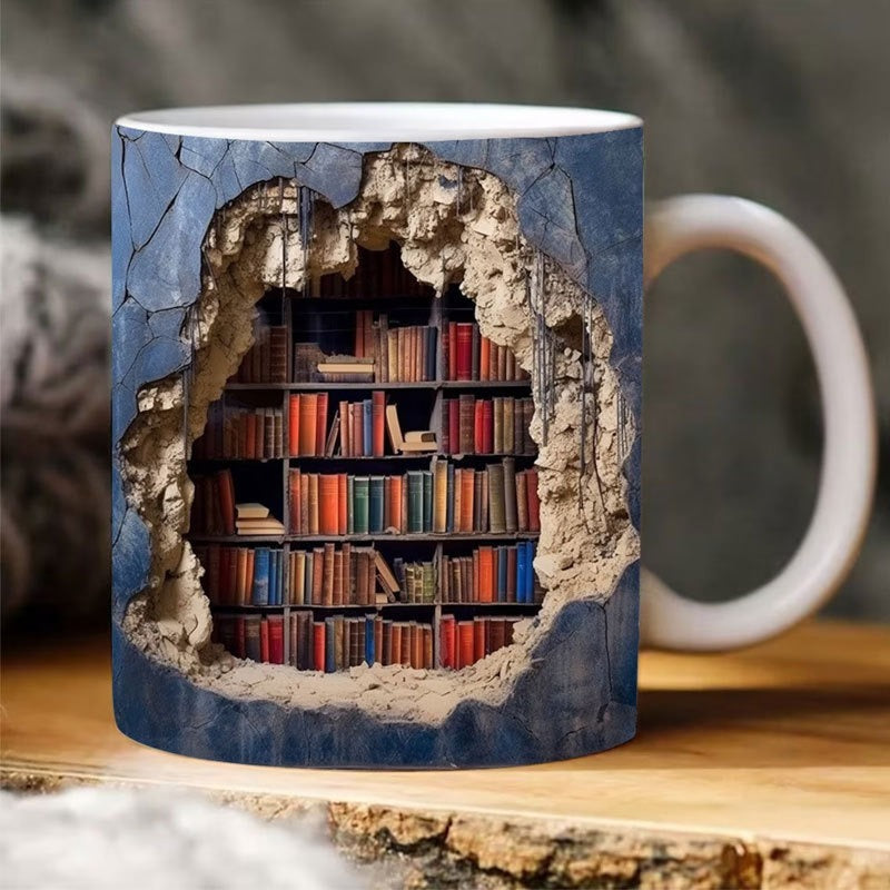 3D Bookshelf Ceramic Mug - Creative Book Lover Coffee Cup