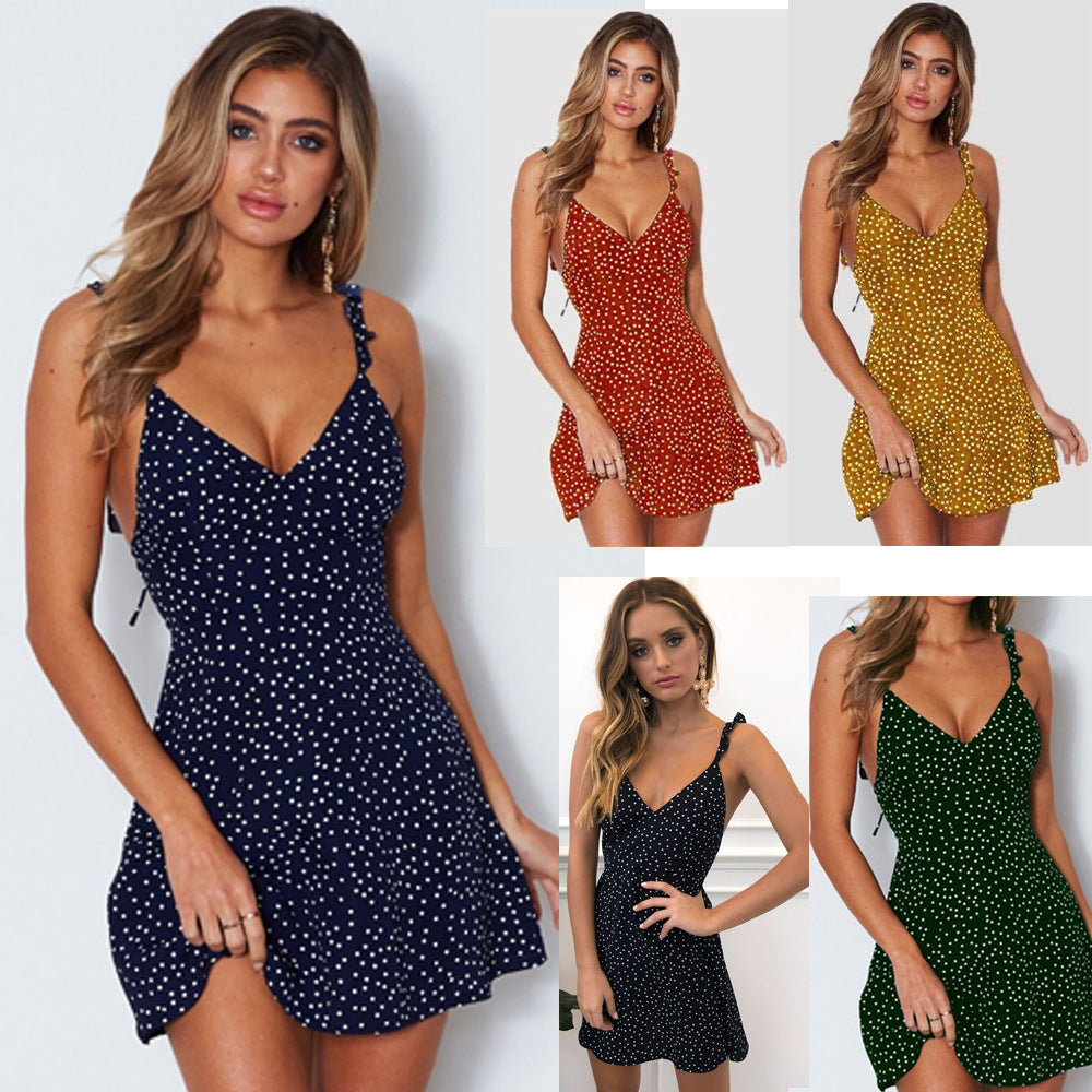 Polka-Dot Strappy Dress Women Summer Fashion Beach Sundress