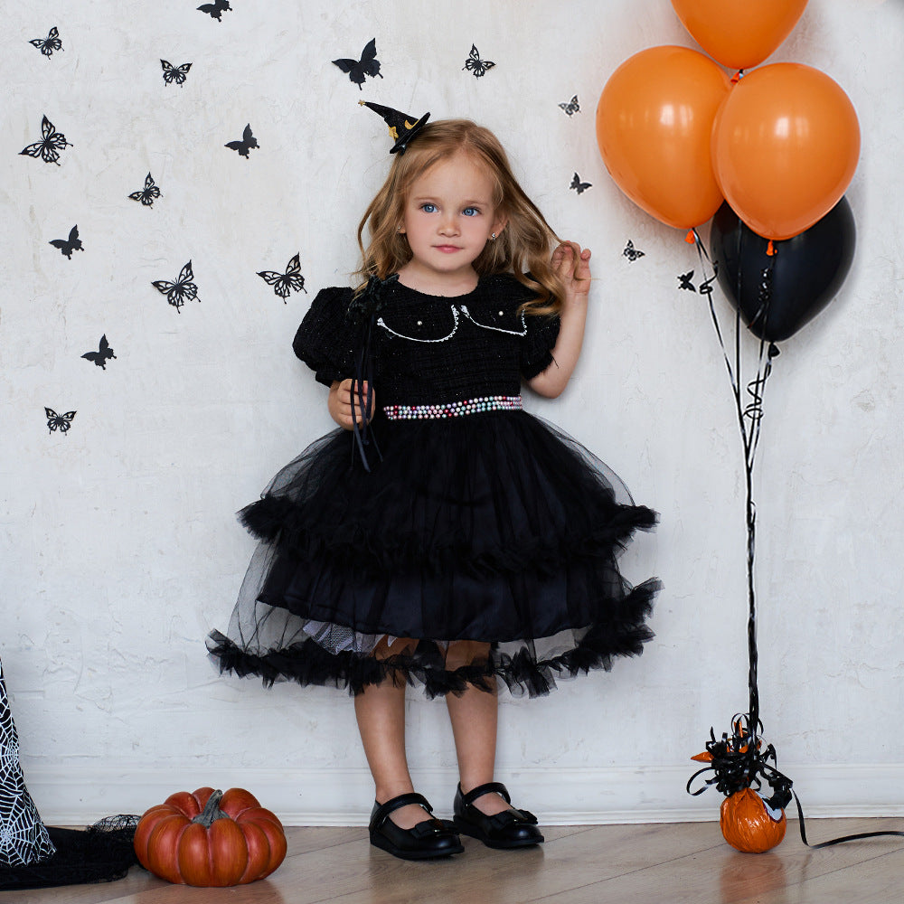 Girls Fashion Halloween Mesh Stitching Puff Sleeve Dress