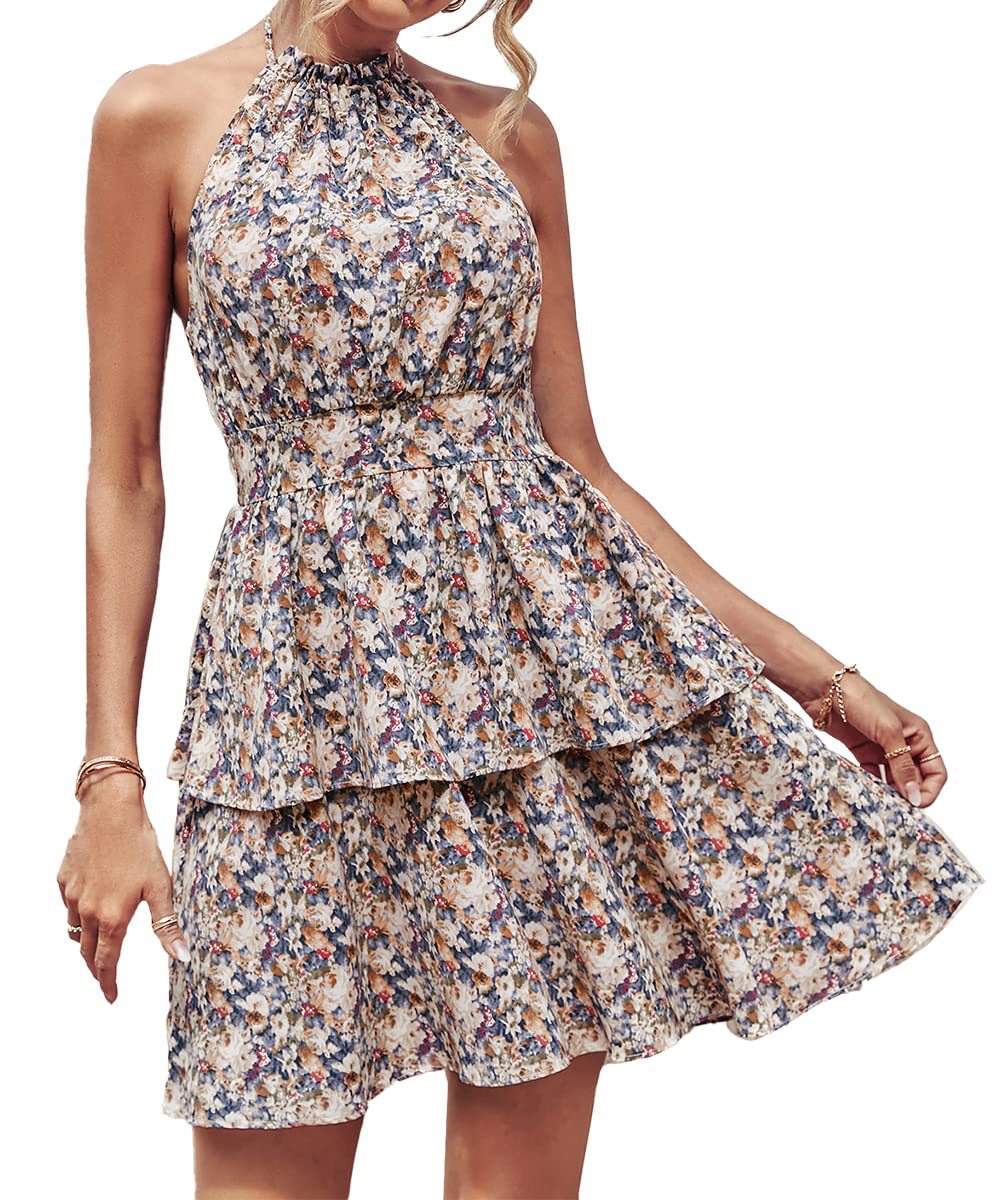 Summer Printed Halter Dress Fashion Boho Backless Ruffled A-Line