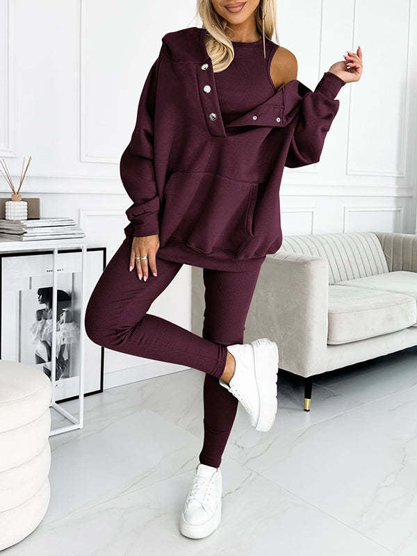 3pcs Women's Sports Suit Loose Hooded Pockets Sweatshirt and Vest